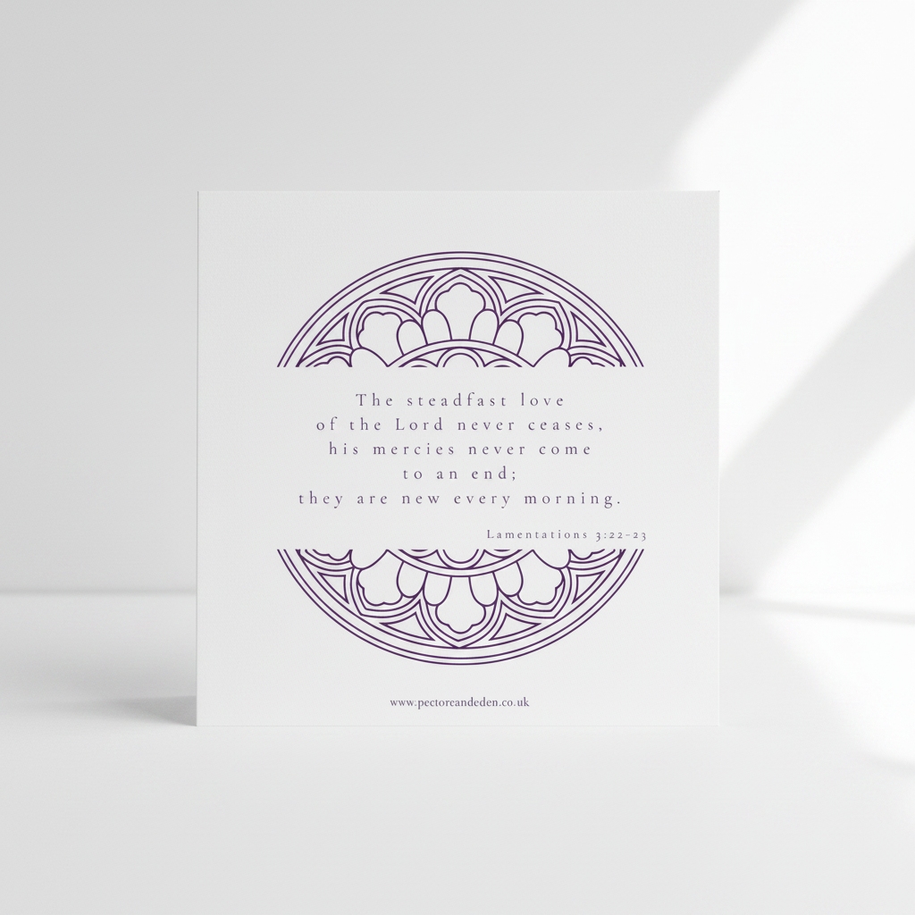 Clean, minimalist reverse layout of the Episcopal Purple scripture art print showing the full text of Lamentations 3:22-23 in modern typography.