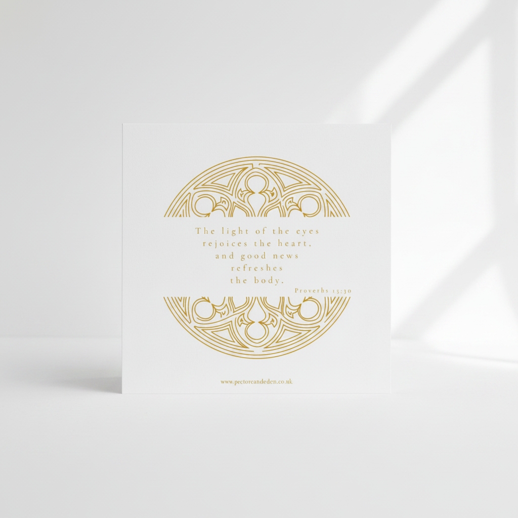 Minimalist reverse layout of the Yellow hearten art card showing the full text of Proverbs 15:30 in clean, modern typesetting.
