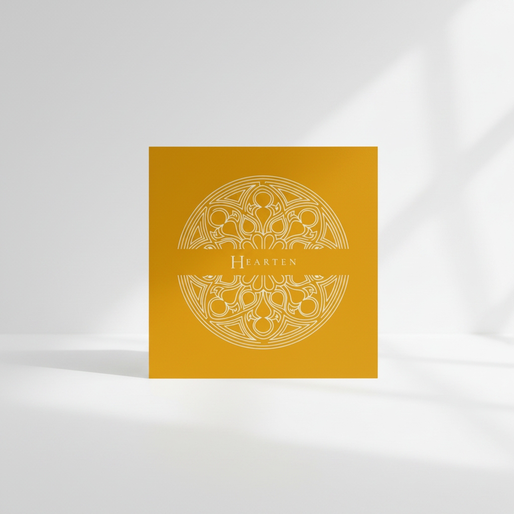 Square Yellow architectural art card featuring an intricate Gothic cathedral window split by the focus word Hearten.