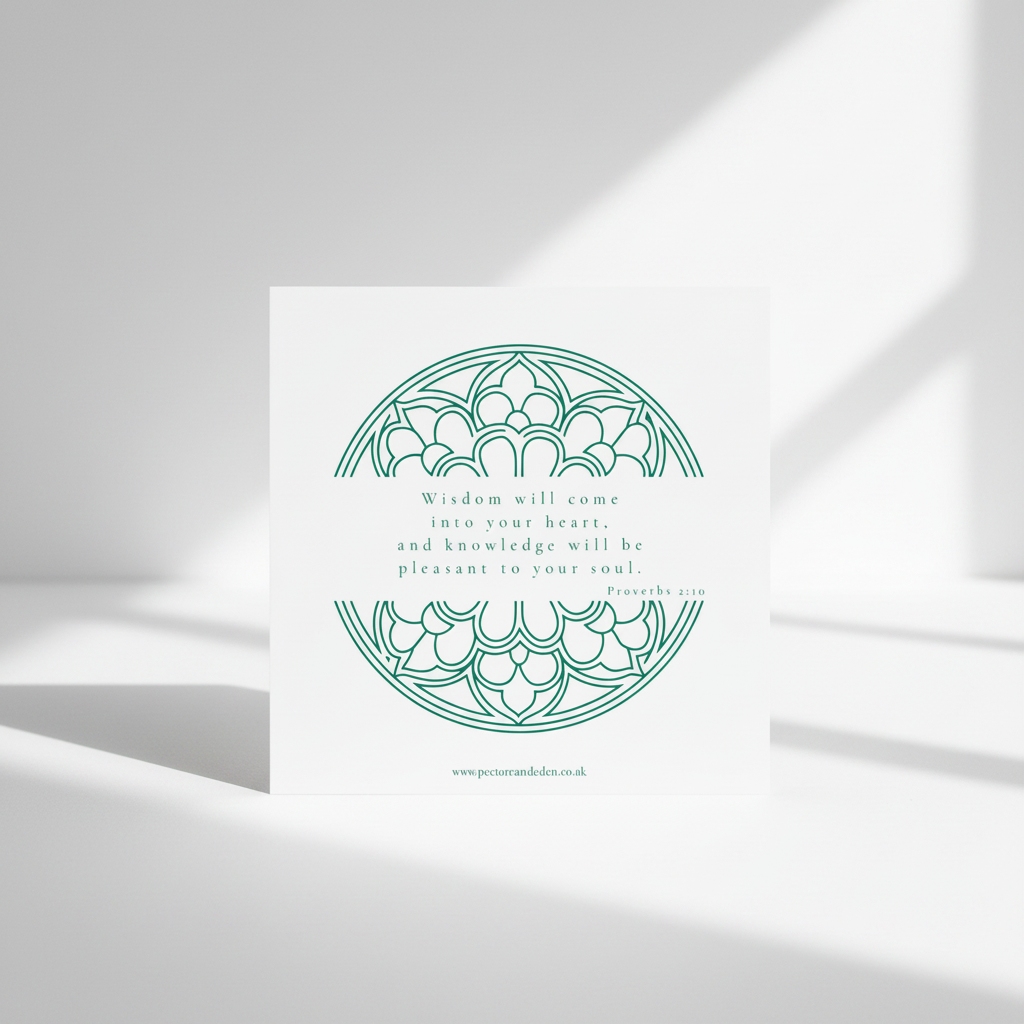 Minimalist modern typography layout on the reverse side of the Chancel Green art card showing the full text of Proverbs 2:10.