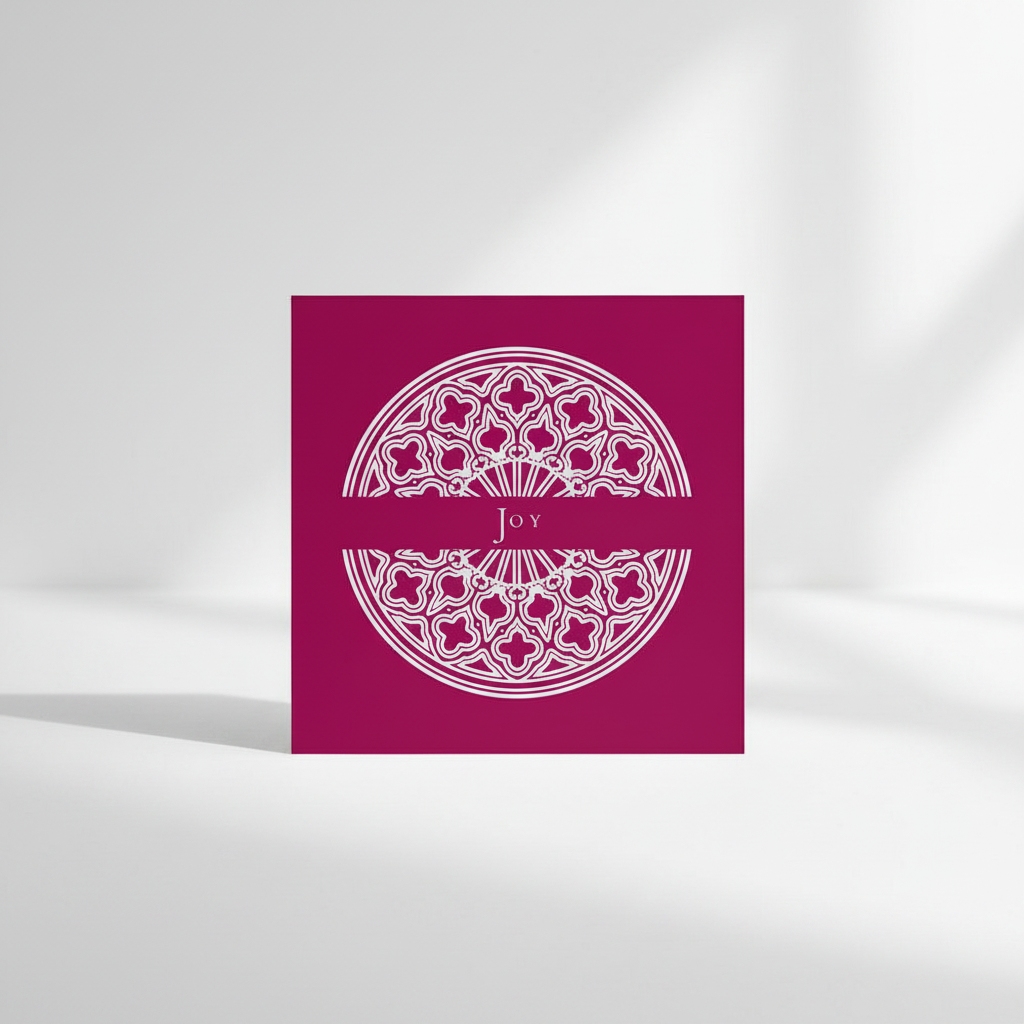 Square Pink art card displaying a detailed Gothic window centred around the focus word Joy.