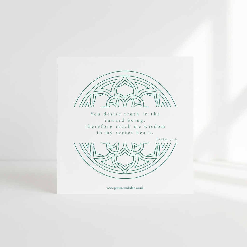 Modern minimalist typography layout on the back of the Chancel Green art card displaying the full scripture of Psalm 51:6.