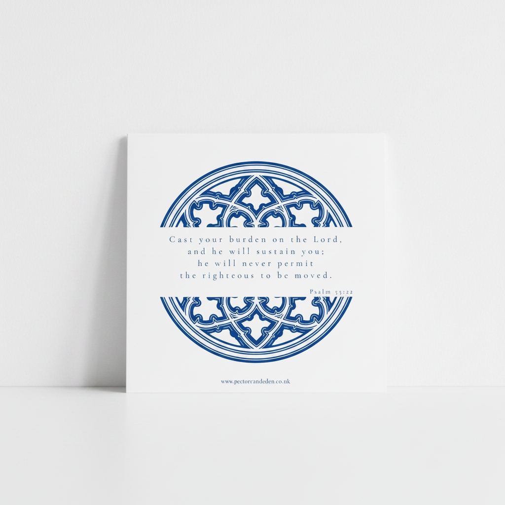 Clean, minimalist reverse layout of the Cathedral Cobalt scripture art print showing the full text of Psalm 55:22 in modern typography.