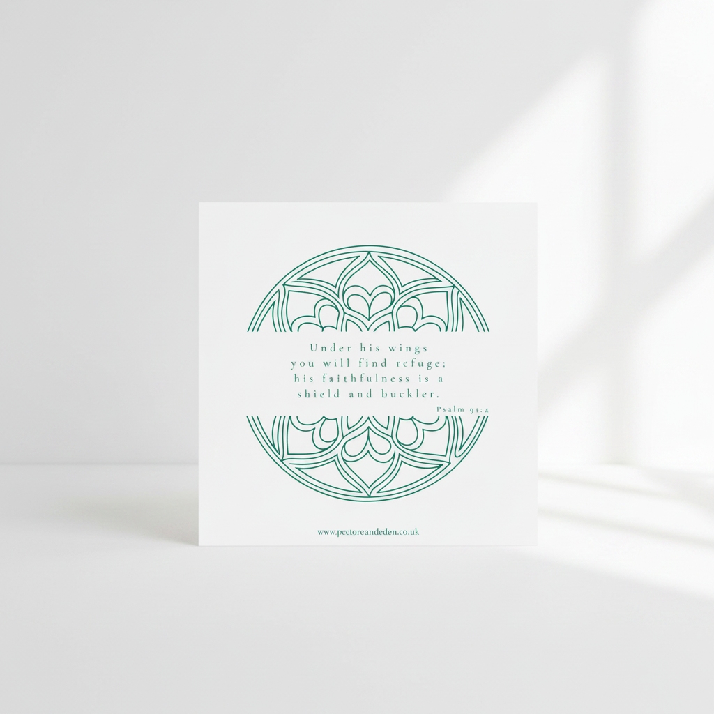 Minimalist reverse layout of the Chancel Green sanctuary art card showing the full text of Psalm 91:4 in clean, modern typesetting.