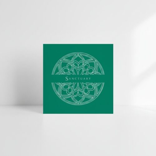Square Chancel Green architectural art card featuring an intricate Gothic cathedral window split by the focus word Sanctuary.
