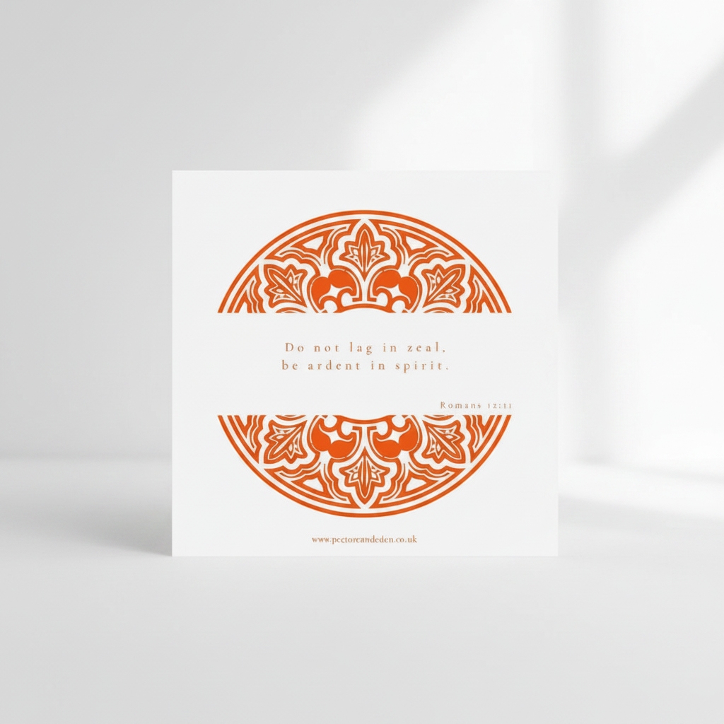 Minimalist reverse layout of the Orange rouse art card showing the full text of Romans 12:11 in clean, modern typesetting.