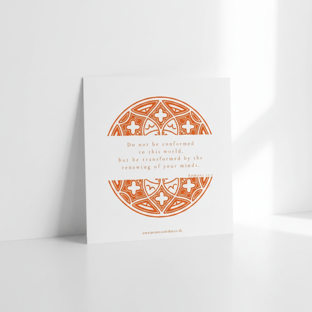 Minimalist modern typography layout on the reverse side of the Orange art card showing the full text of Romans 12:2.