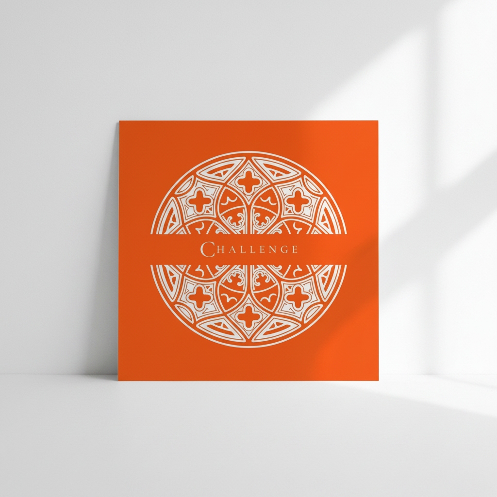 Square Orange art card featuring an intricate fine-line Gothic rose window split by the word Challenge.