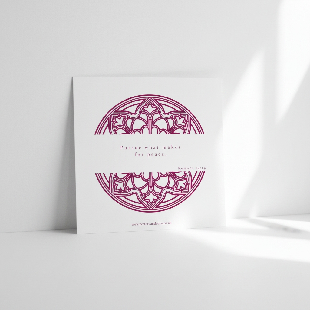 Minimalist reverse layout of the Pink peace art card showing the full text of Romans 14:19 in clean, modern typesetting.