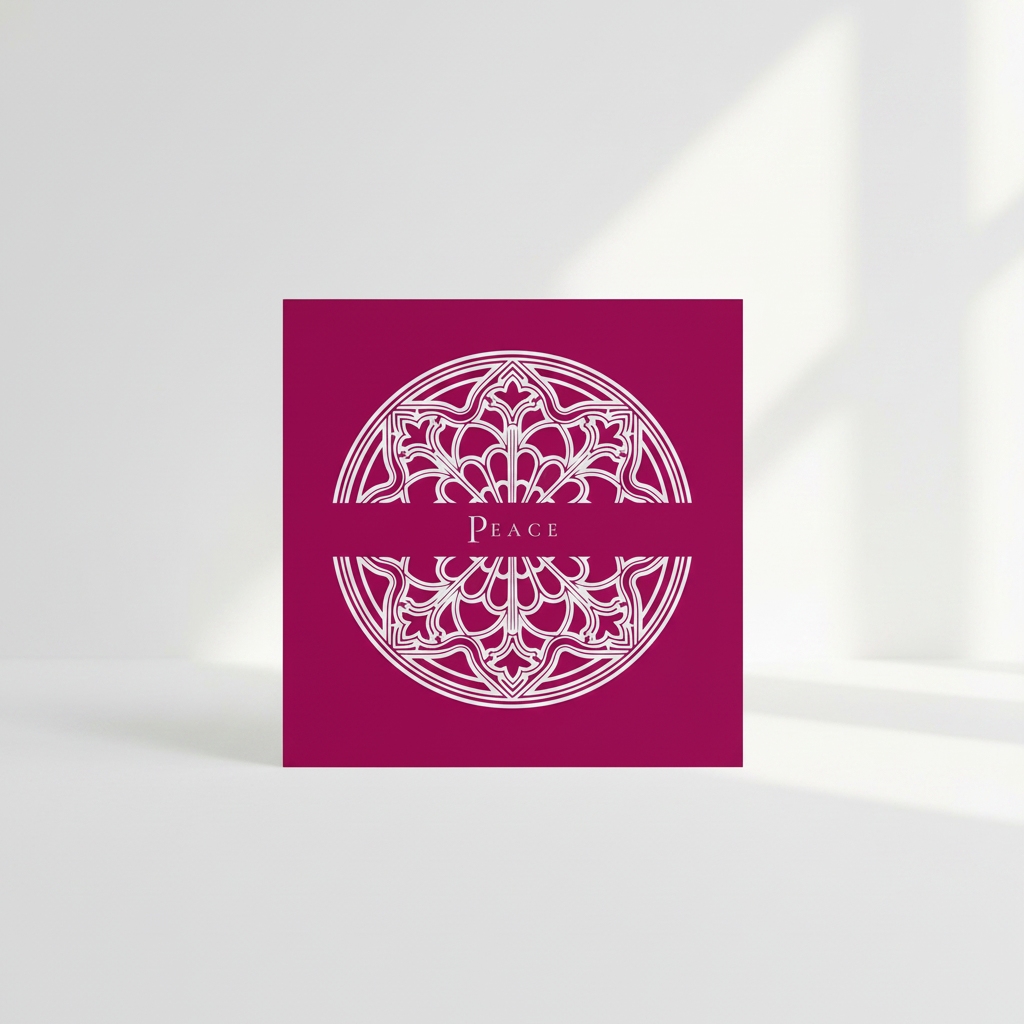 Square Pink architectural art card featuring an intricate Gothic cathedral window split by the focus word Peace.