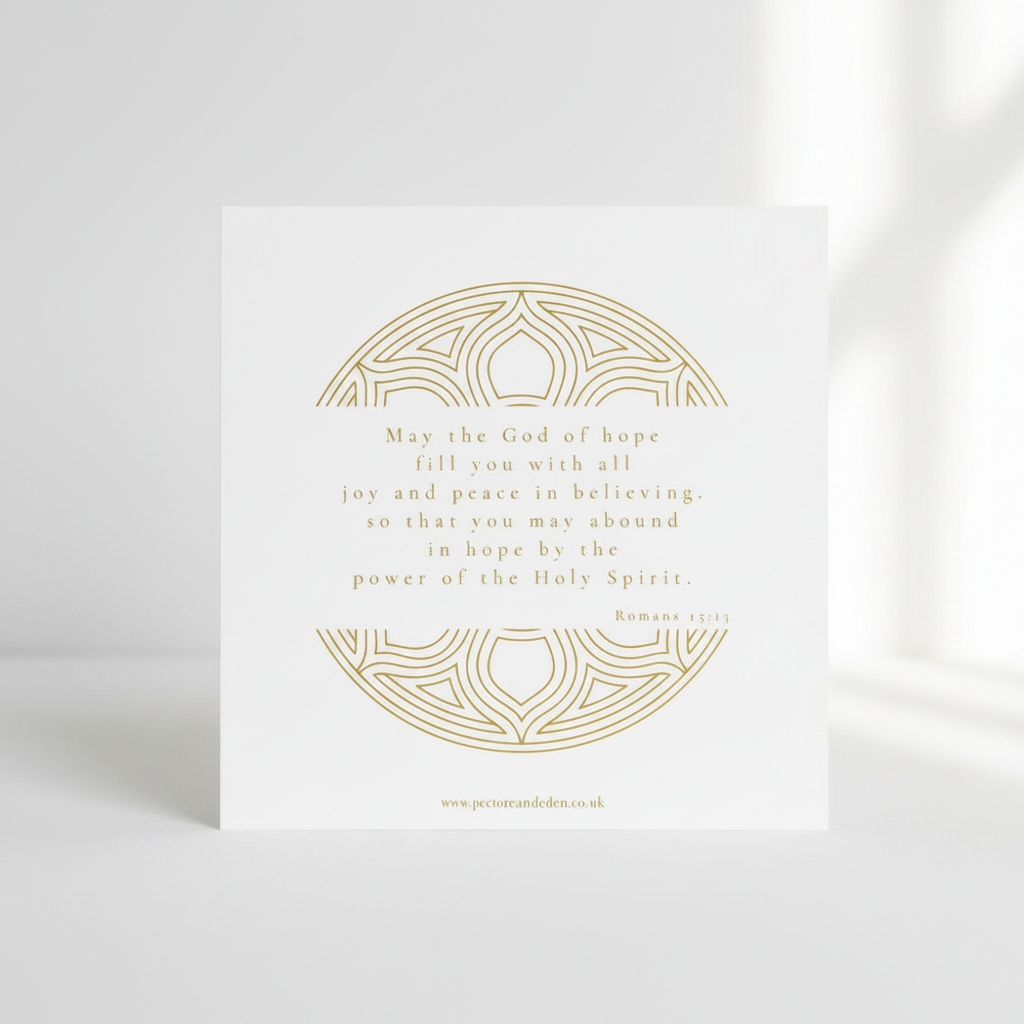Minimalist modern typography layout on the reverse side of the Yellow art card showing the full text of Romans 15:13.