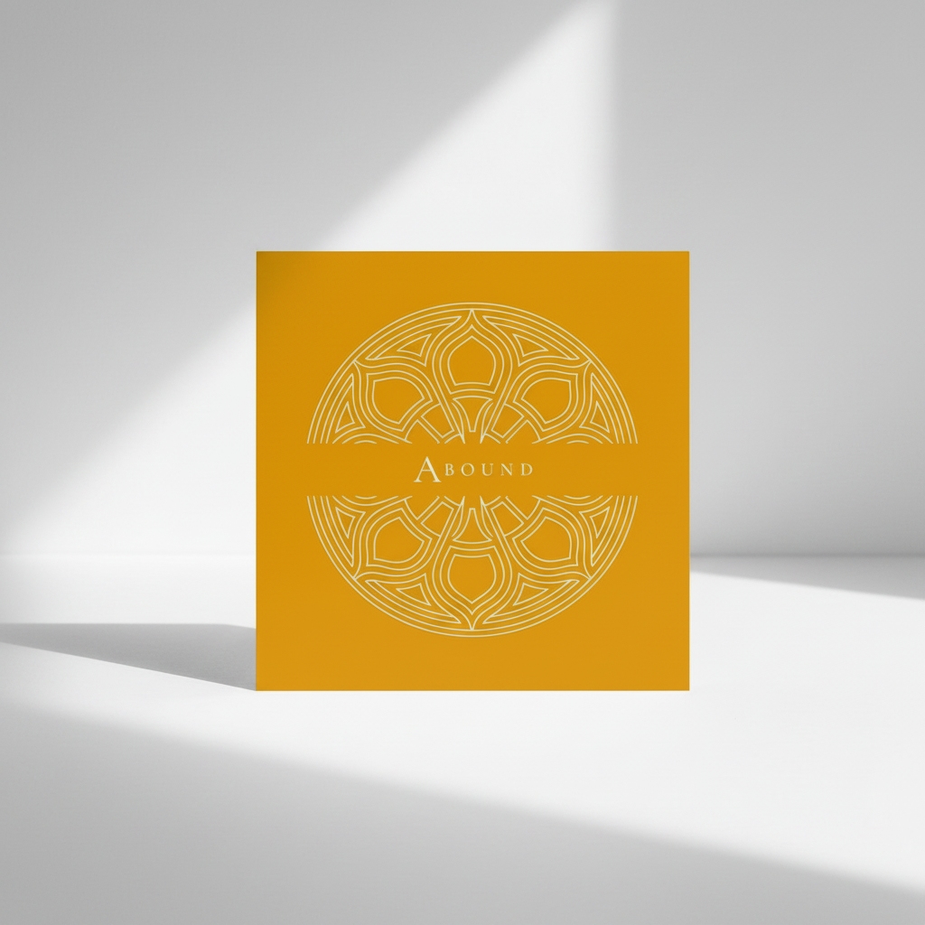 Square Yellow art card featuring a Gothic rose window split by the word Abound.