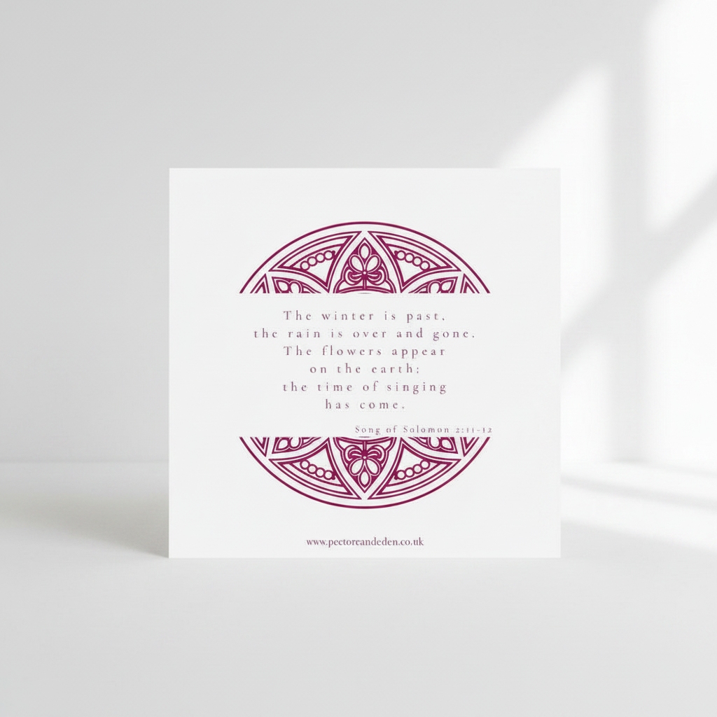 Minimalist modern typography layout on the reverse side of the Pink art card showing the full text of Song of Solomon 2:11-12.