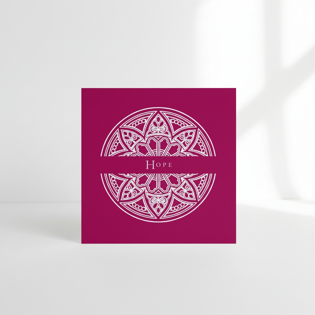 Square Pink art card featuring an intricate fine-line Gothic rose window split by the word Hope.