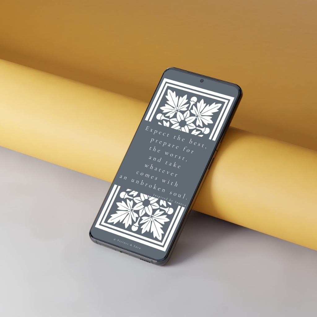 A modern smartphone displaying the grey Invictus Animus Stoic wallpaper on the lock screen.