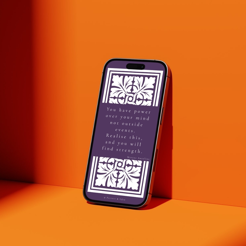 A modern smartphone displaying the Marcus Aurelius quote 'You have power over your mind...' from the Rege Te Ipsum wallpaper on the lock screen.