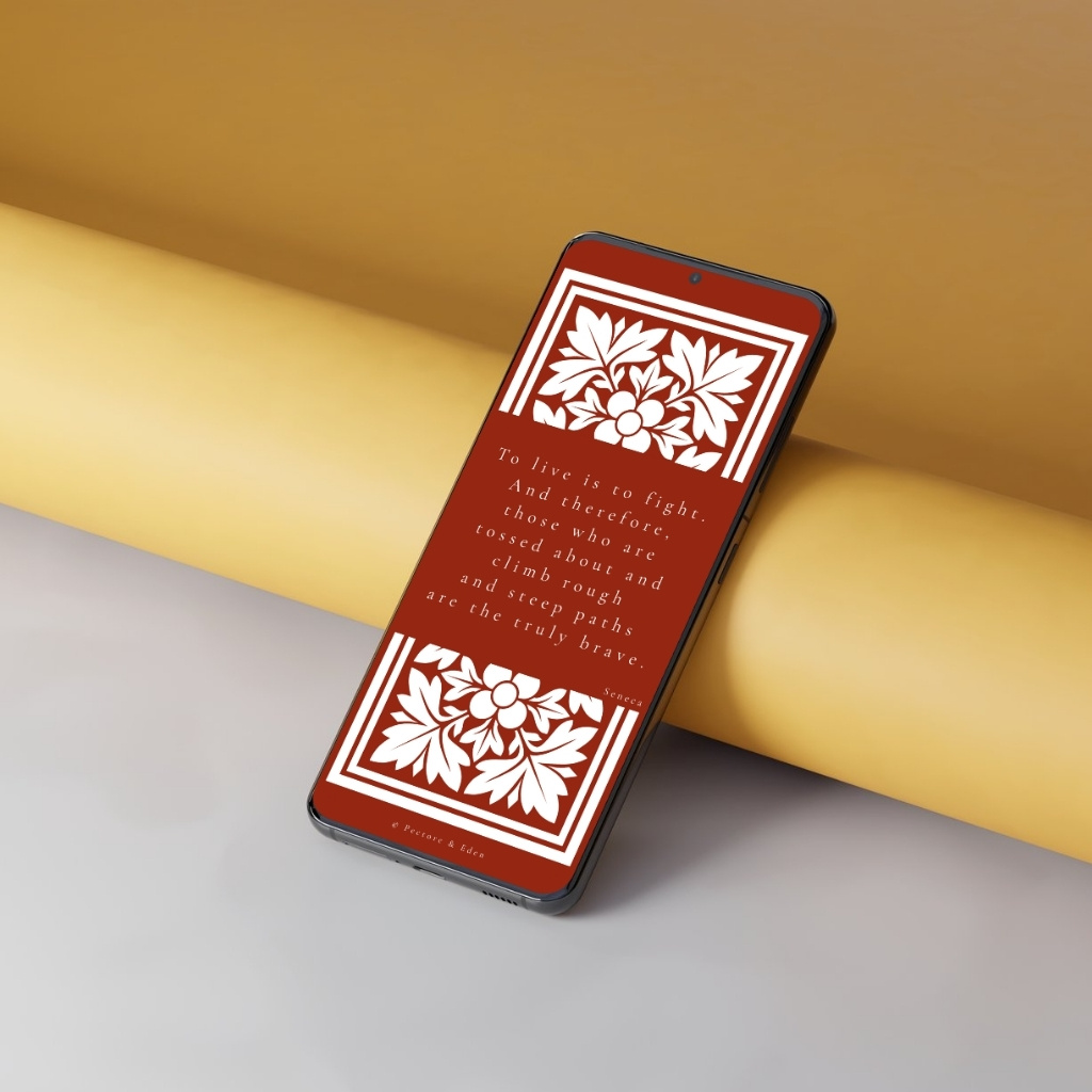 A modern smartphone displaying the Seneca quote 'To live is to fight...' from the Vivere Militare Est wallpaper on the lock screen.