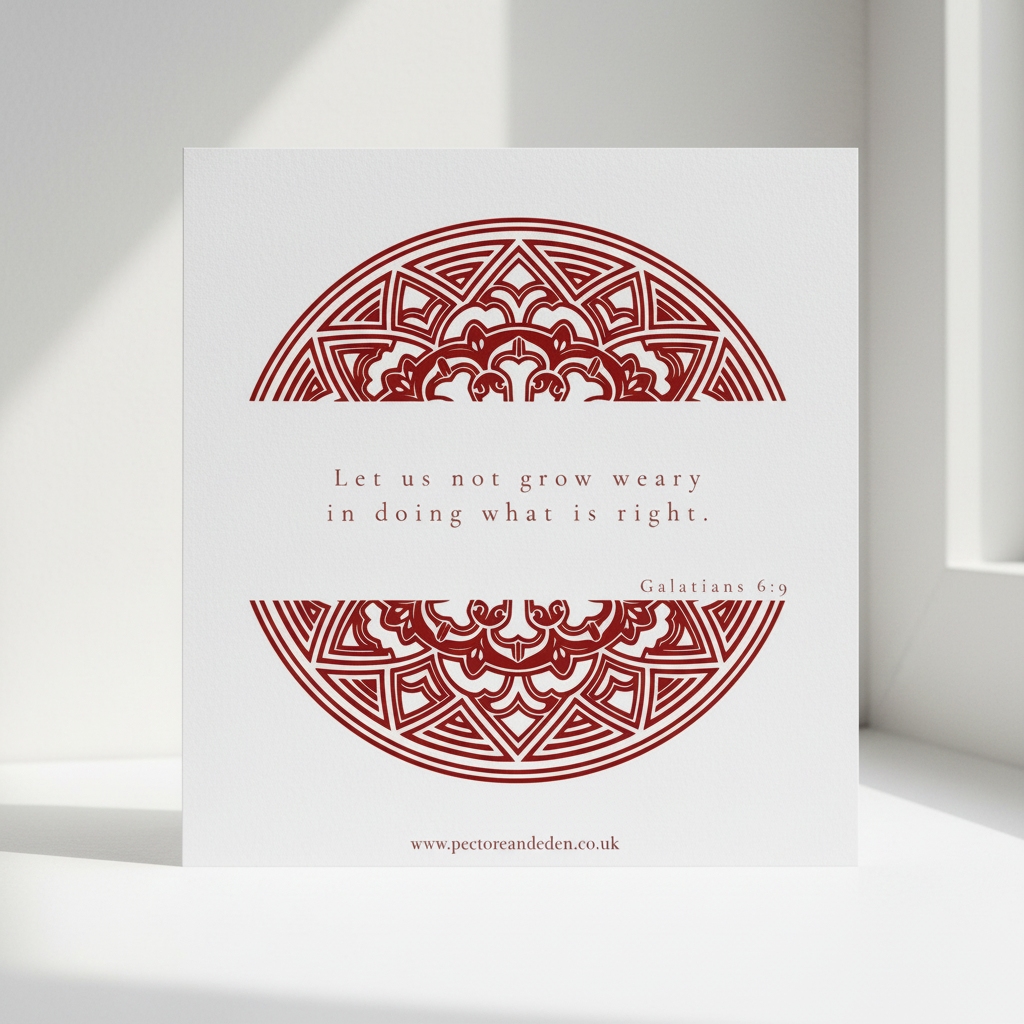 Minimalist modern typography layout on the reverse side of the Cardinal Red art card showing the full text of Galatians 6:9.