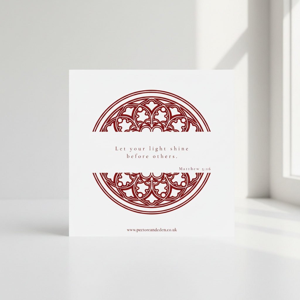Minimalist reverse layout of the Cardinal Red shine art card showing the full text of Matthew 5:16 in clean, modern typesetting.