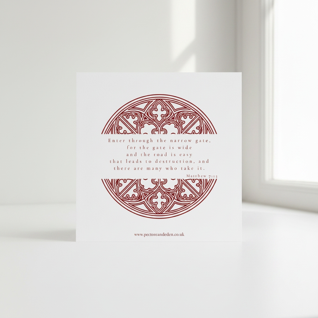 Clean, minimalist reverse layout of the Cardinal Red scripture art print showing the full text of Matthew 7:13 in modern typography.