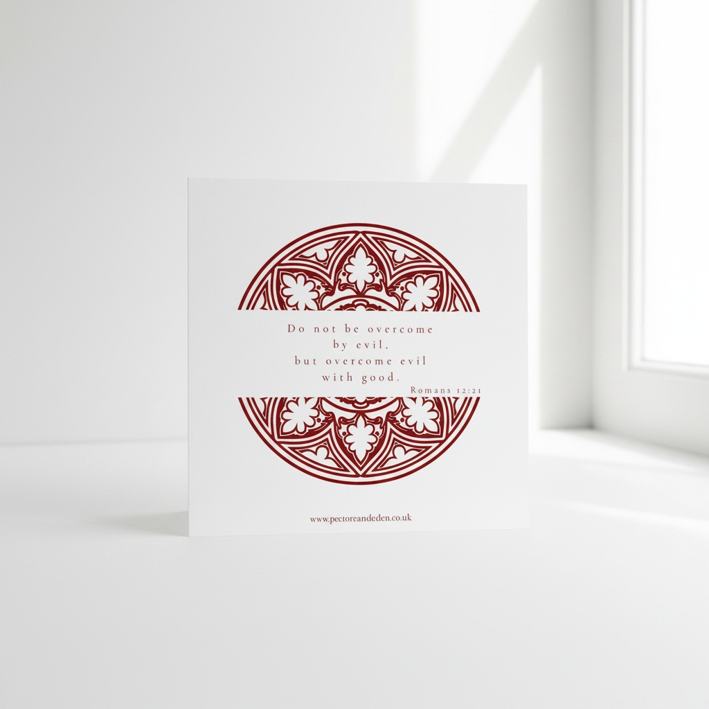 Modern minimalist typography layout on the back of the Cardinal Red art card displaying the full scripture of Romans 12:21.